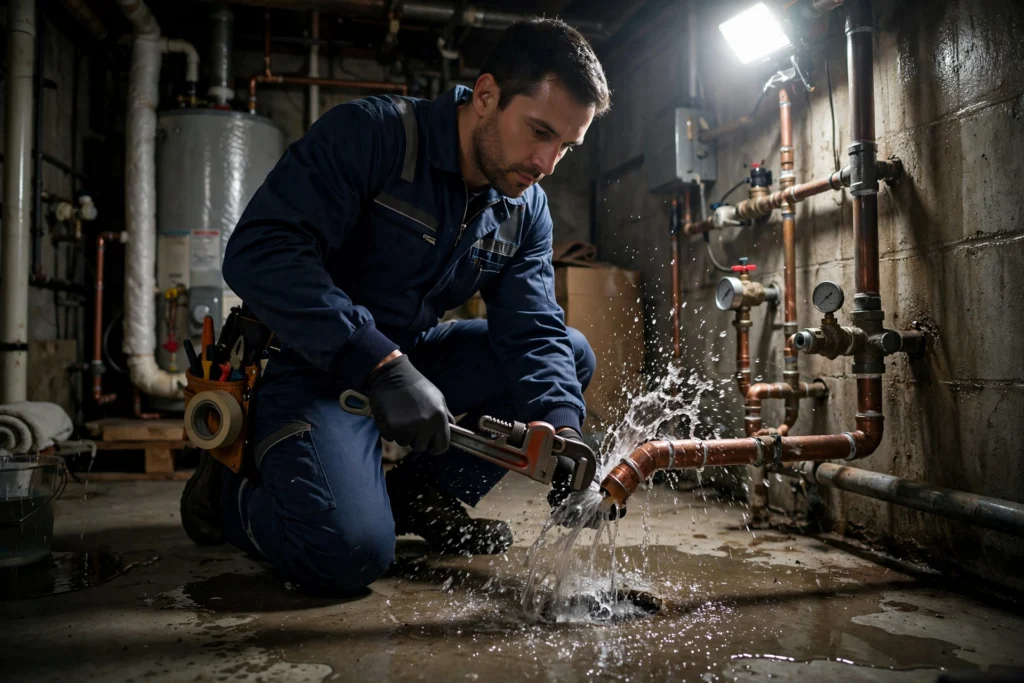 Emergency plumber fixing burst pipe in Indianapolis