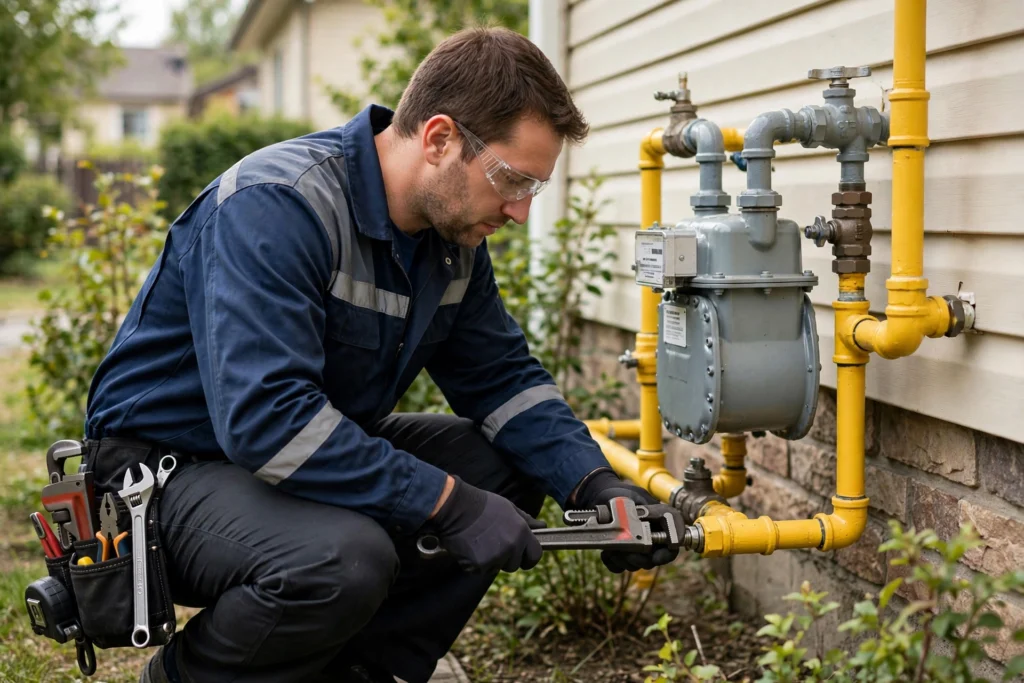 Licensed plumber repairing gas line in Indianapolis