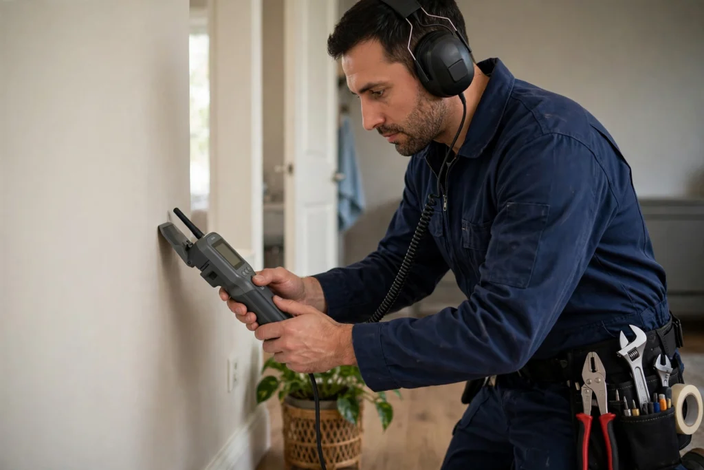 Plumber using electronic leak detection equipment in Indianapolis home