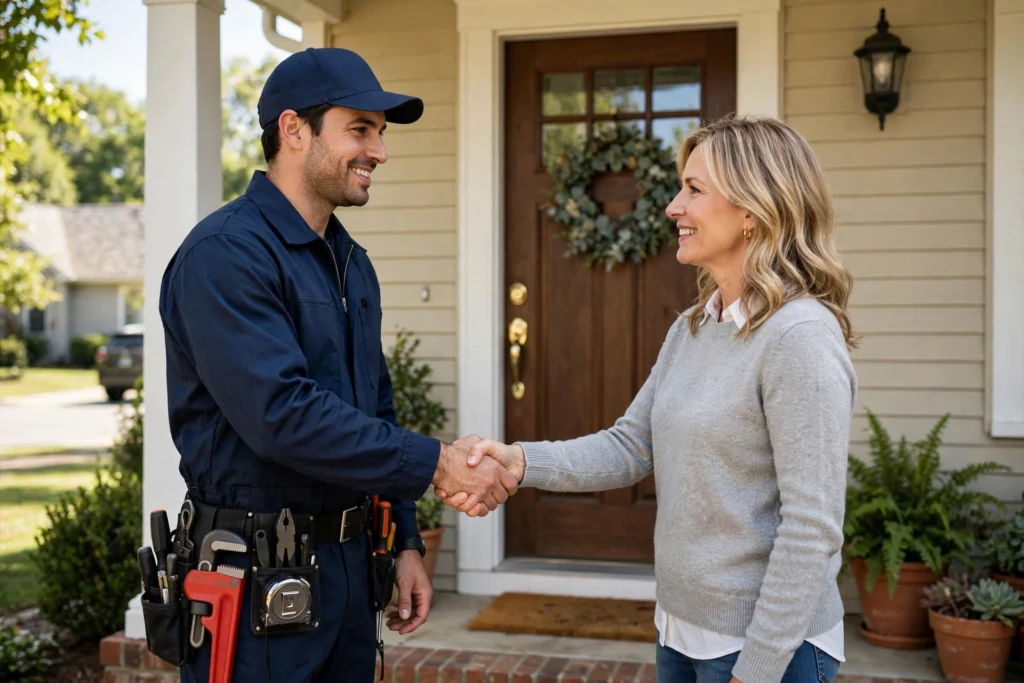 Plumber greeting homeowner in Avon Indiana