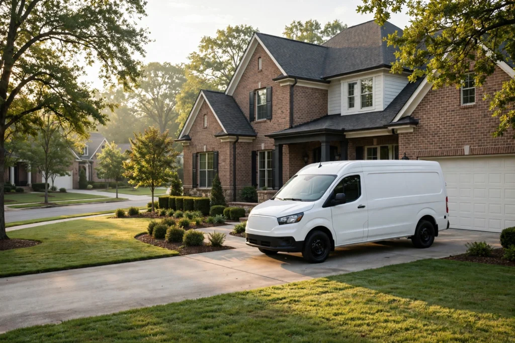 Plumbing service van in Carmel Indiana neighborhood