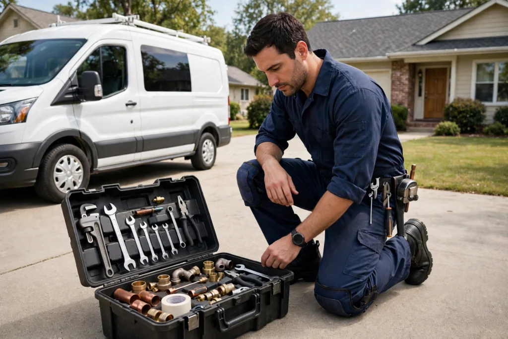 Plumber with service van in Plainfield Indiana driveway