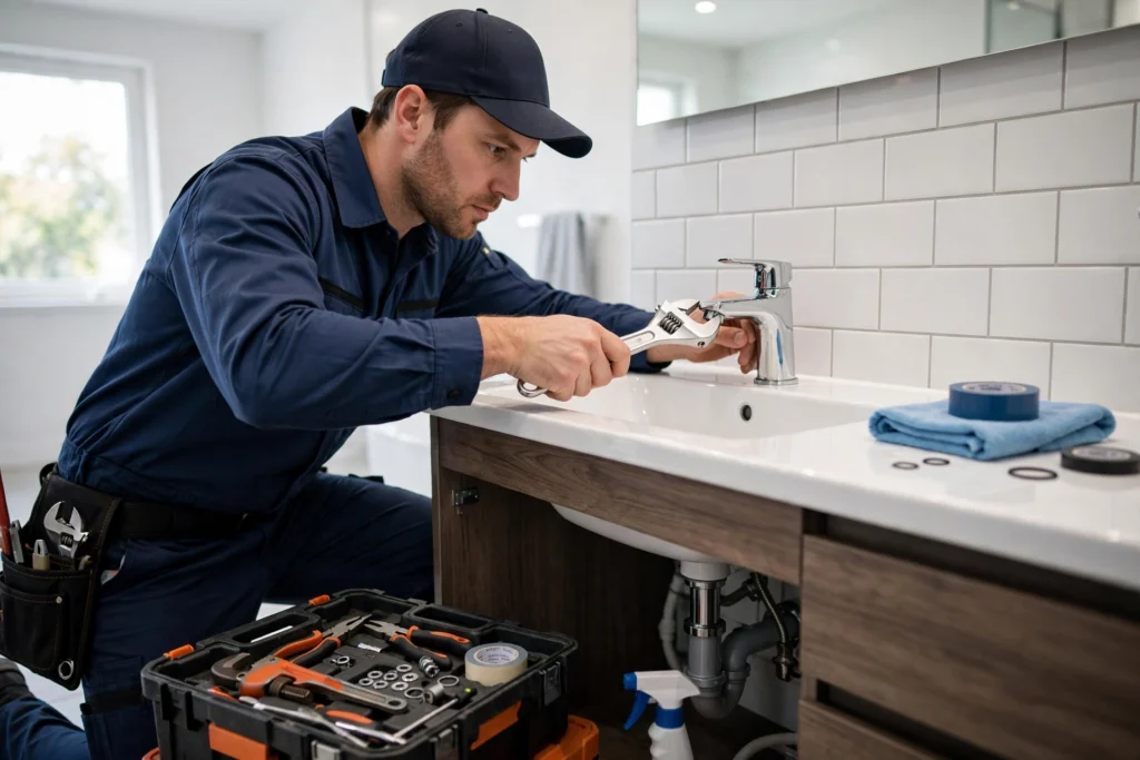 Plumber repairing bathroom faucet in Indianapolis home